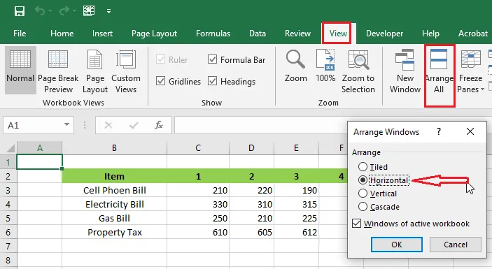 Choosing Horizontal in the Arrange Windows dialog box