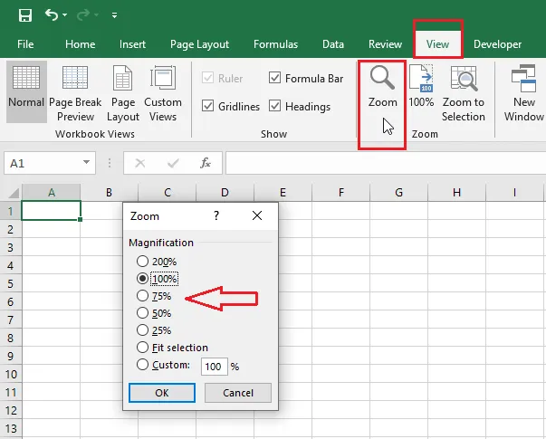 The Zoom dialog box with preset and custom zoom levels