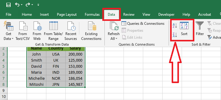 sort command in Data tab