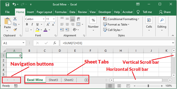Excel Sheet Tab, Navigation buttons, and Scroll bars