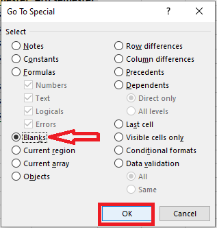 click Blanks in Go To Special