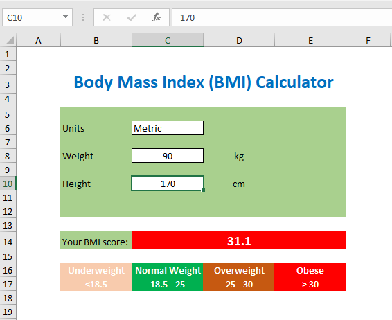 BMI calculator in Excel