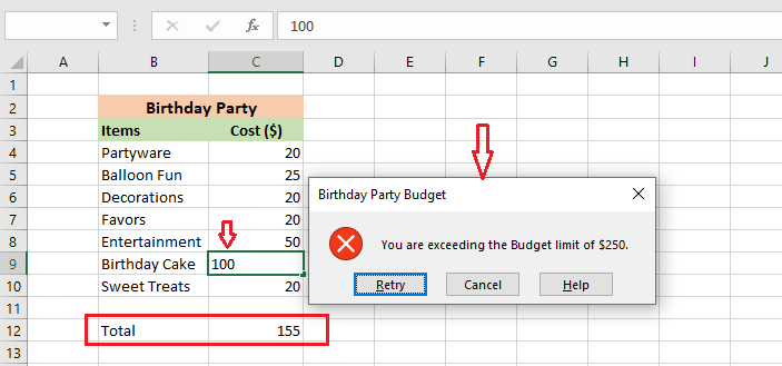 budget restriction in excel