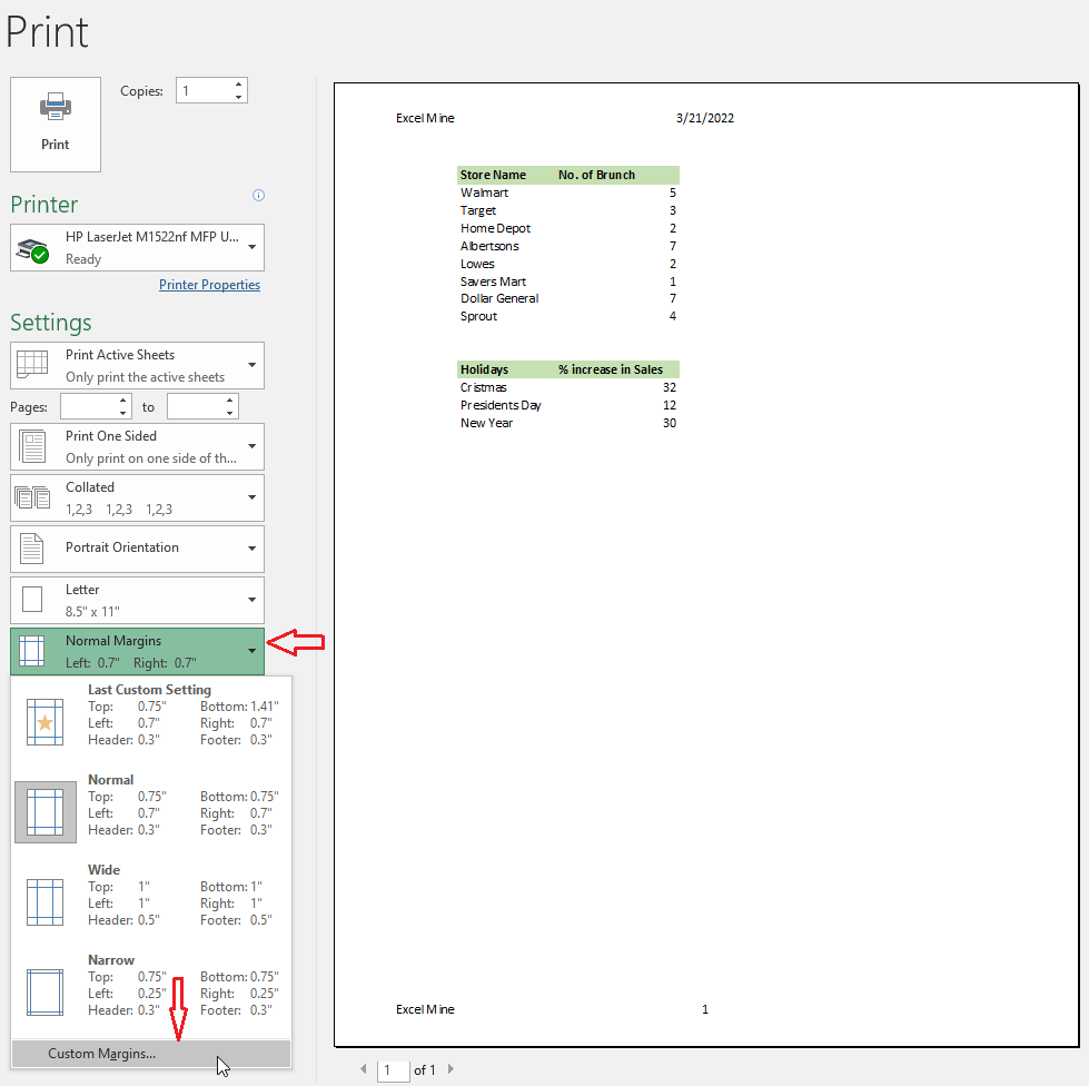 click custom margins