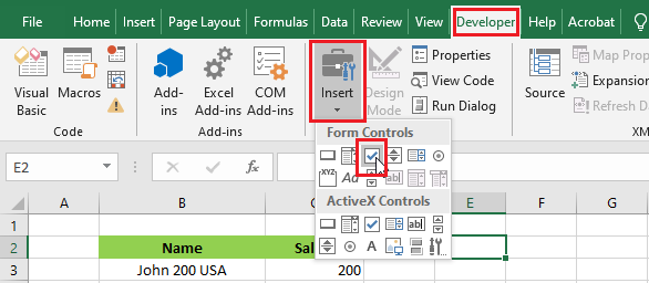 insert excel checkbox