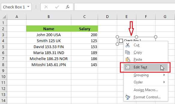 edit text in excel checkbox