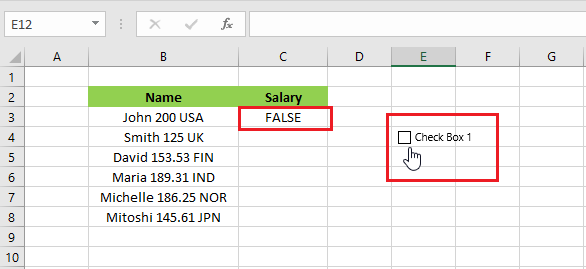 excel checkbox showing FALSE