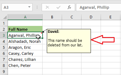 comment in excel