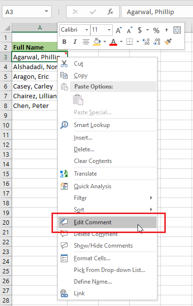 edit excel comment