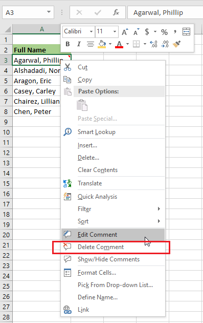 delete excel comment