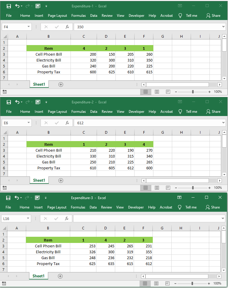 three excel files