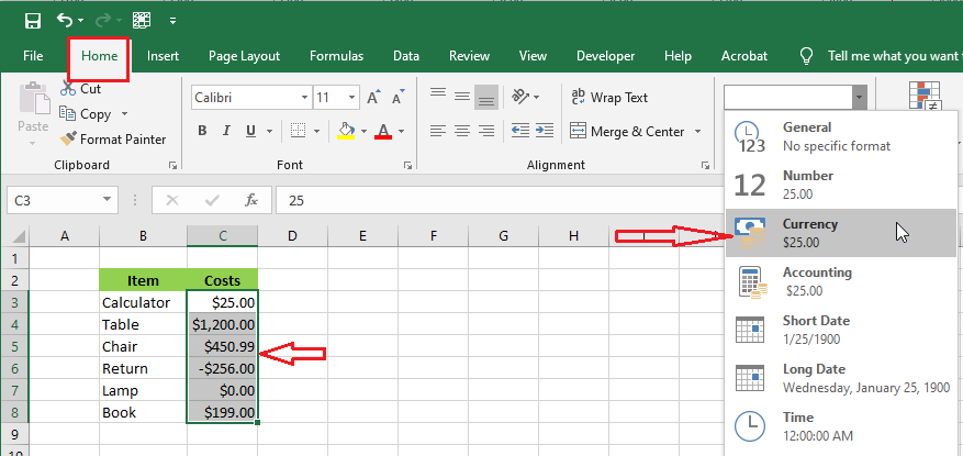currency vs accounting format in excel