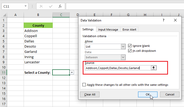 drop-down list entered in source box