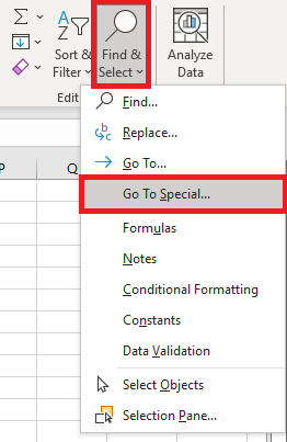 click find and select and select Go To Special