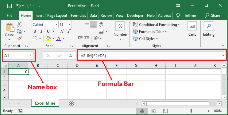 Excel name box and formula bar