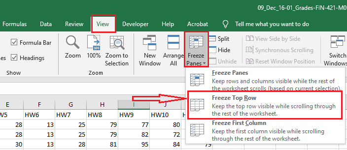 freeze panes command on View tab