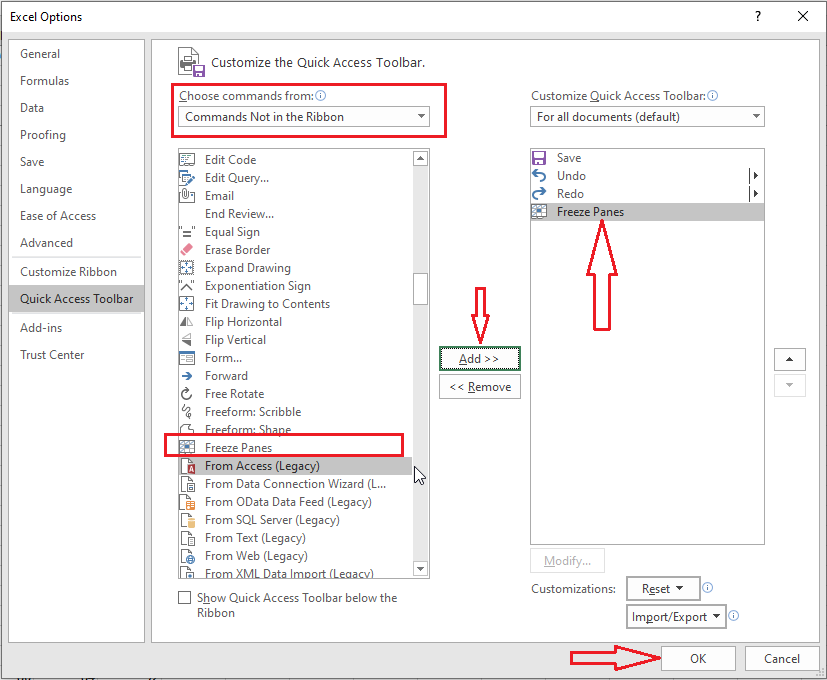 excel options showing freeze panes