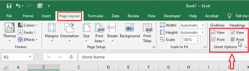 Check Print under Gridlines and Print under Headings