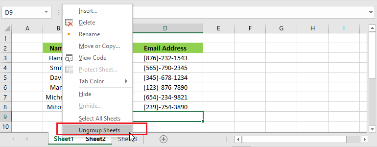 ungroup multiple sheets