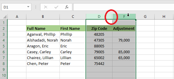 hide columns in excel