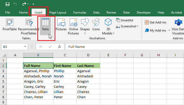 excel insert tab