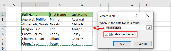 excel create table dialog box