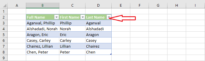 excel table with drop-down arrows
