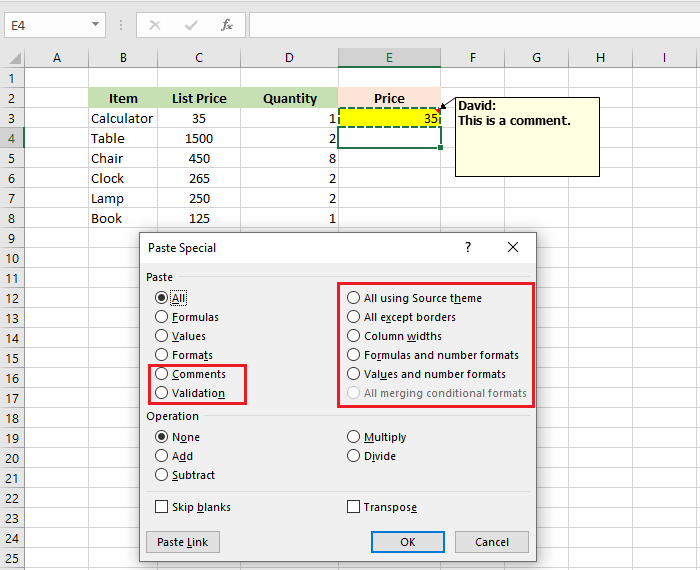 paste special dialog box in excel