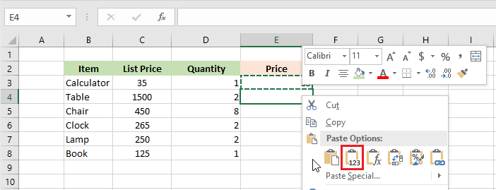 paste options