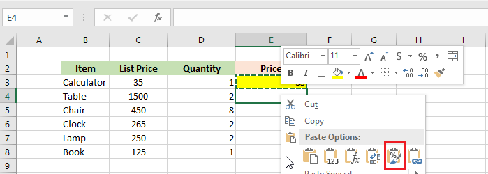 paste options in excel