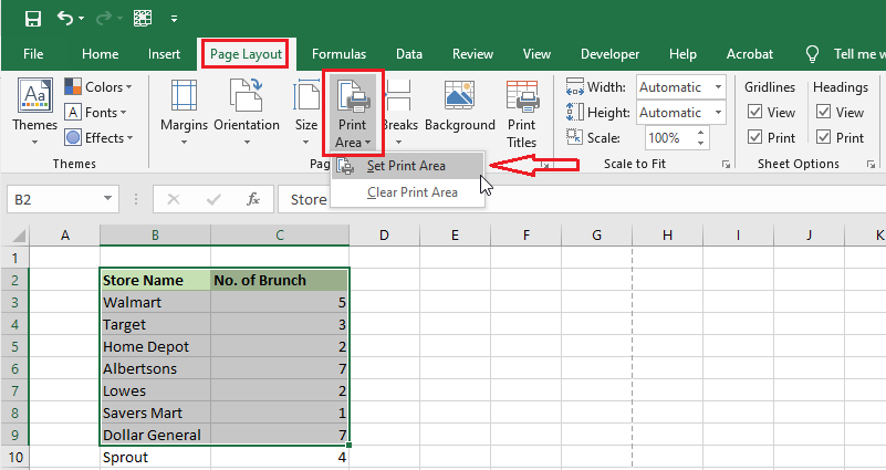 set a print area in Excel