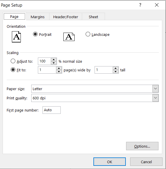 page setup dialog box