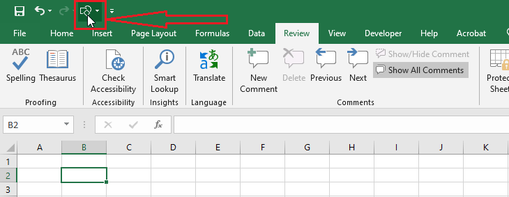 command added to excel quick access toolbar