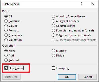 paste special dialog box