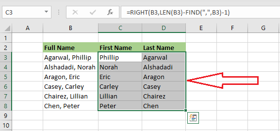 split cells using right function