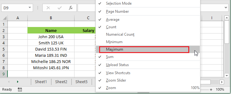 customize excel status bar