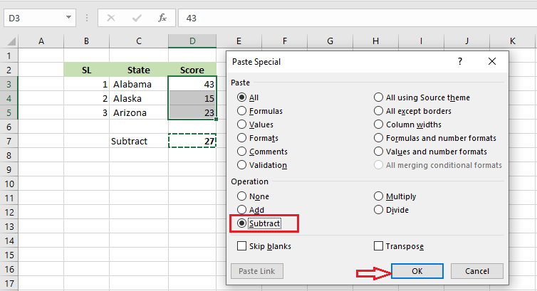 subtract in excel