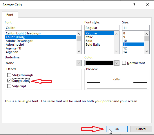 click superscript