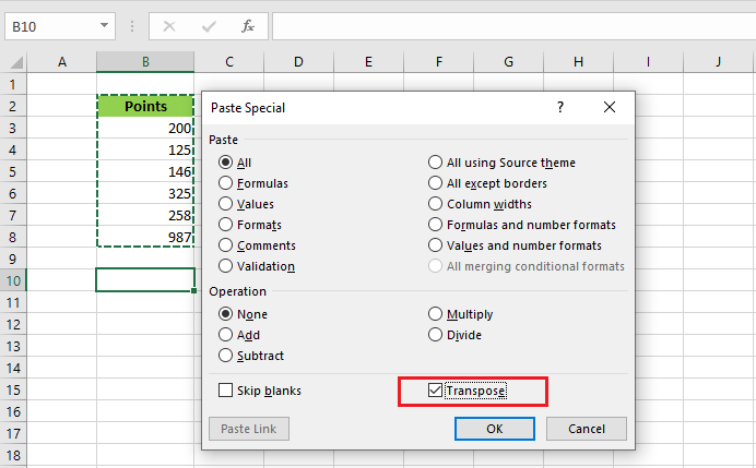 paste special dialog box to transpose