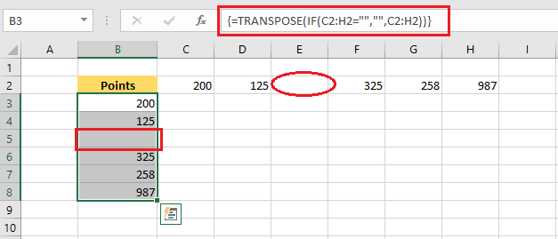transposed data with a blank cell