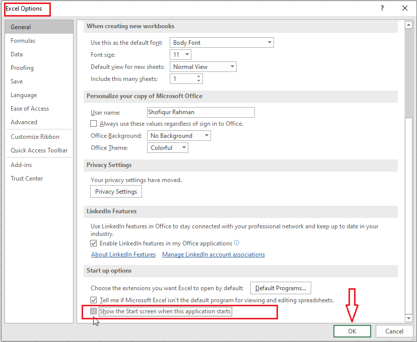 excel options dialog box